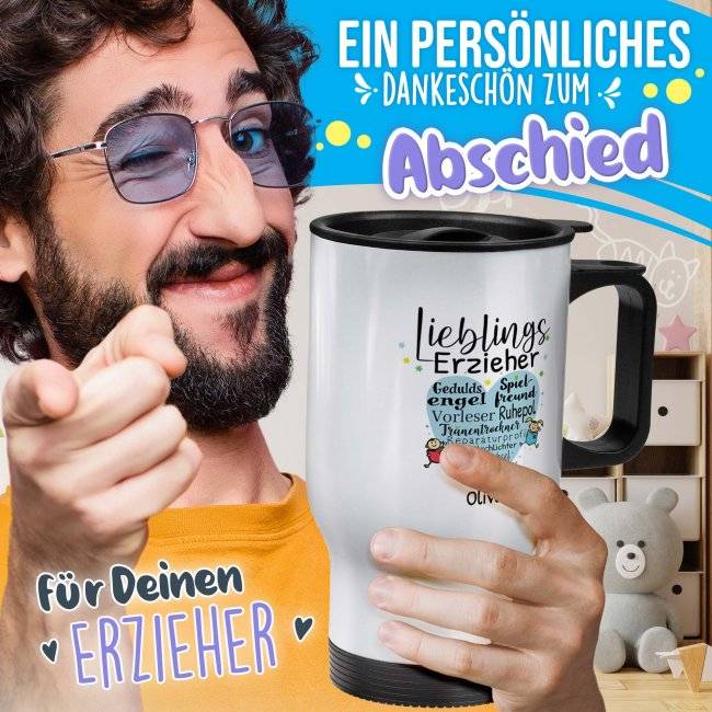 Tassendruck Thermobecher für Erzieher - Lieblingserzieher - mit Name personalisierbar - Weiß Letzte 2 Tage