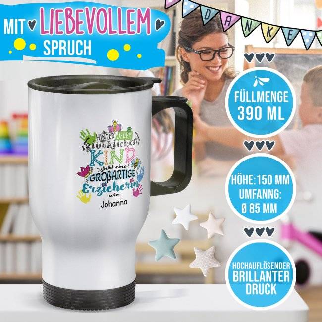 Tassendruck Thermobecher für Erzieherin - Hinter jedem Kind - bunt - mit Name personalisierbar - Weiß Zeitbegrenzte Promotion