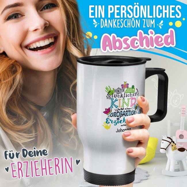 Tassendruck Thermobecher für Erzieherin - Hinter jedem Kind - bunt - mit Name personalisierbar - Weiß Zeitbegrenzte Promotion