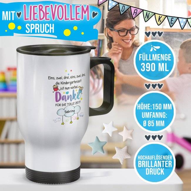 Tassendruck Thermobecher für Erzieher - Eins, Zwei, Drei - Danke für die tolle Zeit - mit Name personalisierbar - Weiß Bis zu 65% Rabatt