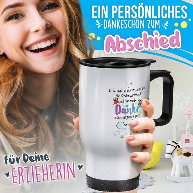 Tassendruck Thermobecher für Erzieher - Eins, Zwei, Drei - Danke für die tolle Zeit - mit Name personalisierbar - Weiß Bis zu 65% Rabatt