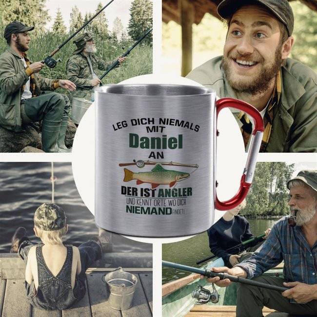 Tassendruck Karabiner - Leg dich nicht mit einem Angler an - mit Name personalisierbar Nur für heute
