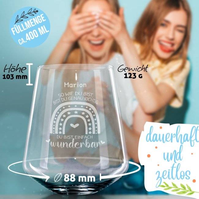 Tassendruck Graviertes Trinkglas mit Name und Spruch - Du bist wunderbar Fabrikladen