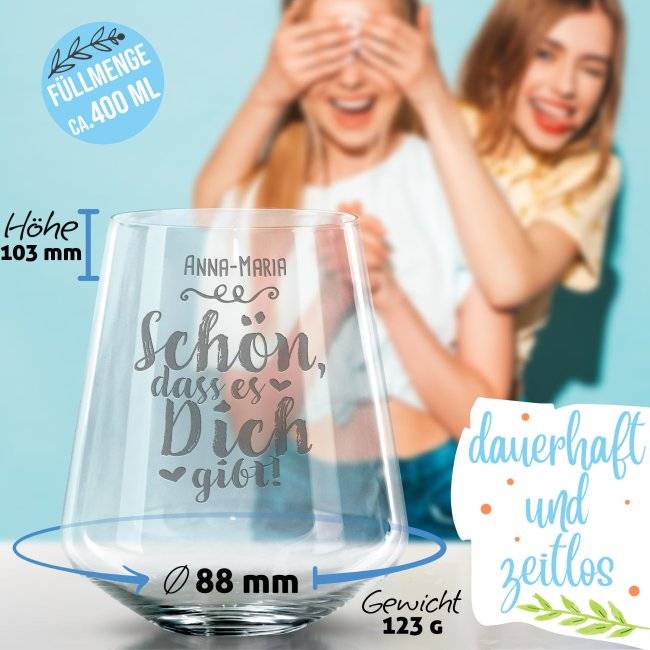 Tassendruck Trinkglas mit Gravur - Schön, dass es Dich gibt Speichern exportieren