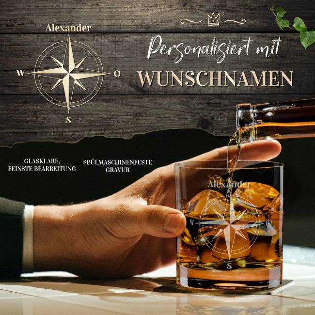 Tassendruck Whiskyglas - Kompass -Name - 300 ml Valentinstagsangebot