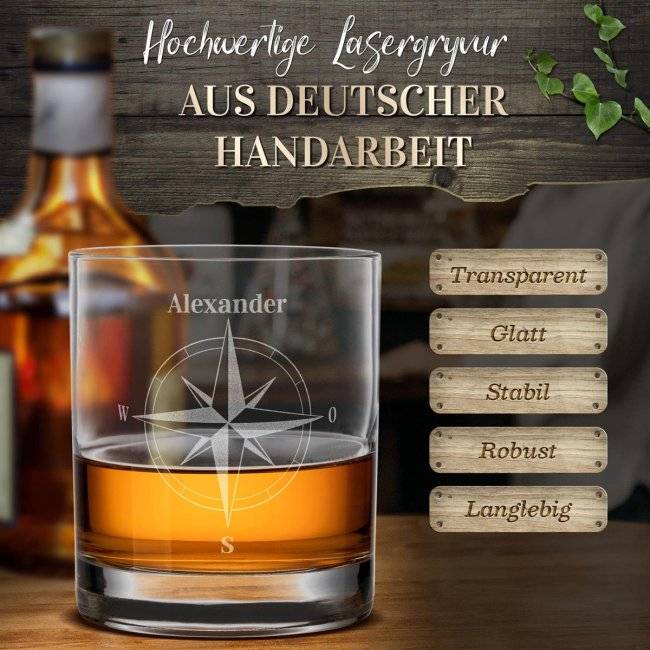 Tassendruck Whiskyglas - Kompass -Name - 300 ml Valentinstagsangebot