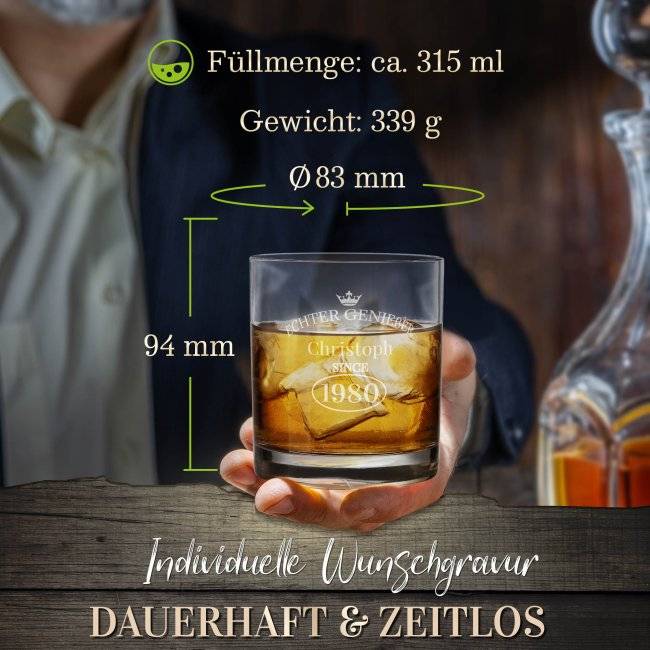 Tassendruck Whiskyglas - Echter Genießer-Jahr & Name - 300 ml Jubiläumsangebot