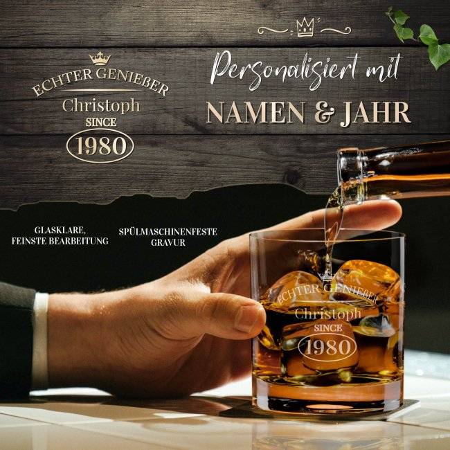 Tassendruck Whiskyglas - Echter Genießer-Jahr & Name - 300 ml Jubiläumsangebot