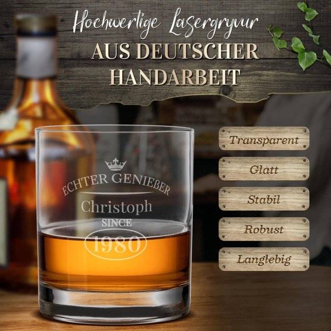 Tassendruck Whiskyglas - Echter Genießer-Jahr & Name - 300 ml Jubiläumsangebot