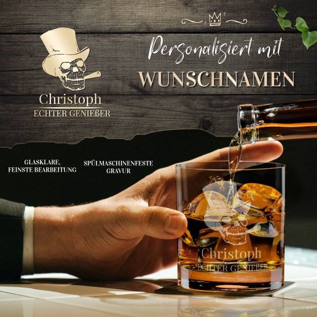 Tassendruck Whiskyglas - Totenkopf Echter Genießer-Name - 300 ml Exklusive Angebote