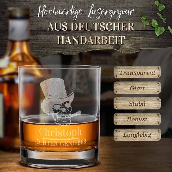 Tassendruck Whiskyglas - Totenkopf Echter Genießer-Name - 300 ml Exklusive Angebote