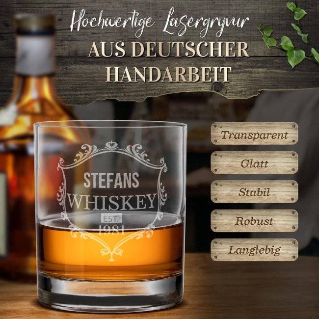 Tassendruck Whiskyglas - Whiskey Kranz-Jahr & Name - 300 ml Blitzangebot