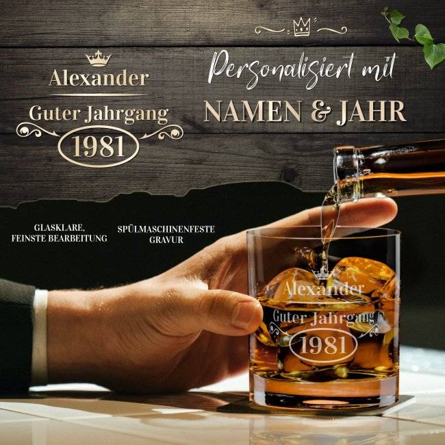 Tassendruck Whiskyglas - Guter Jahrgang -Jahr & Name - 300 ml Große Rabatte