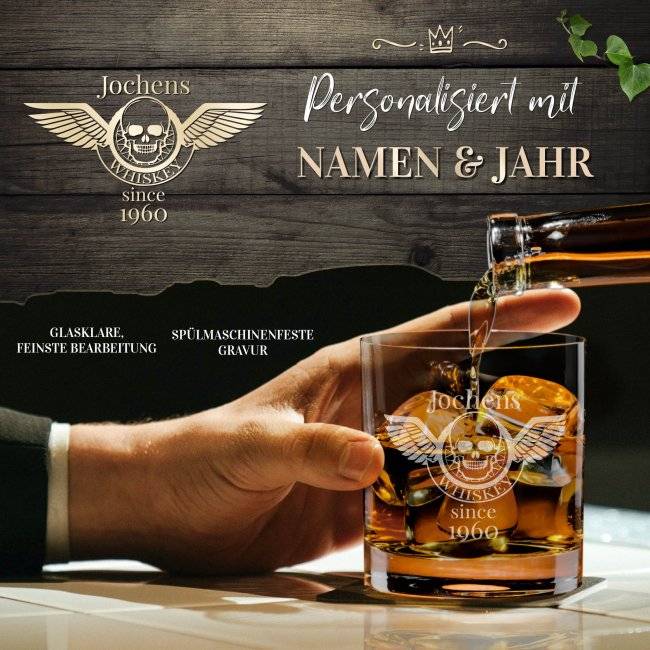 Tassendruck Whiskyglas - Totenkopf Engel-Jahr & Name - 300 ml Neuheiten