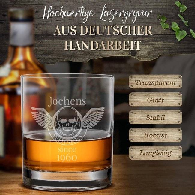 Tassendruck Whiskyglas - Totenkopf Engel-Jahr & Name - 300 ml Neuheiten