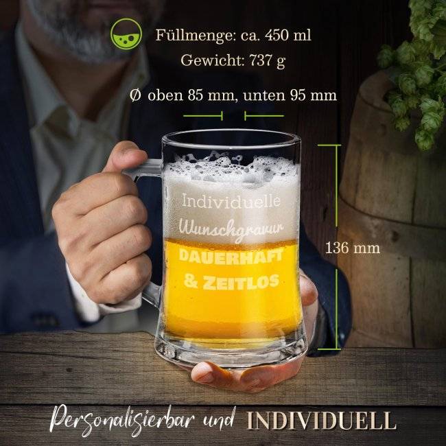 Tassendruck Personalisiertes Bierglas mit Gravur selbst gestalten - mit Henkel - 450 ml Räumungsverkauf