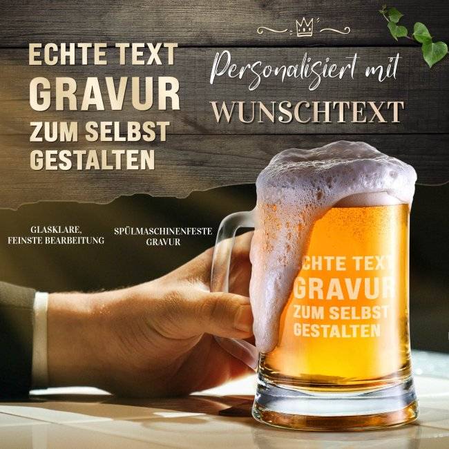 Tassendruck Personalisiertes Bierglas mit Gravur selbst gestalten - mit Henkel - 450 ml Räumungsverkauf