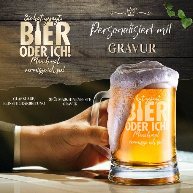 Tassendruck Glas-Bierkrug - Bier oder ich - 450 ml - mit Henkel Riesige Ersparnisse