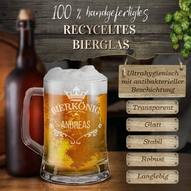 Tassendruck Glas-Bierkrug - Bierkönig-Name - 450 ml - mit Henkel VIP-Rabatte