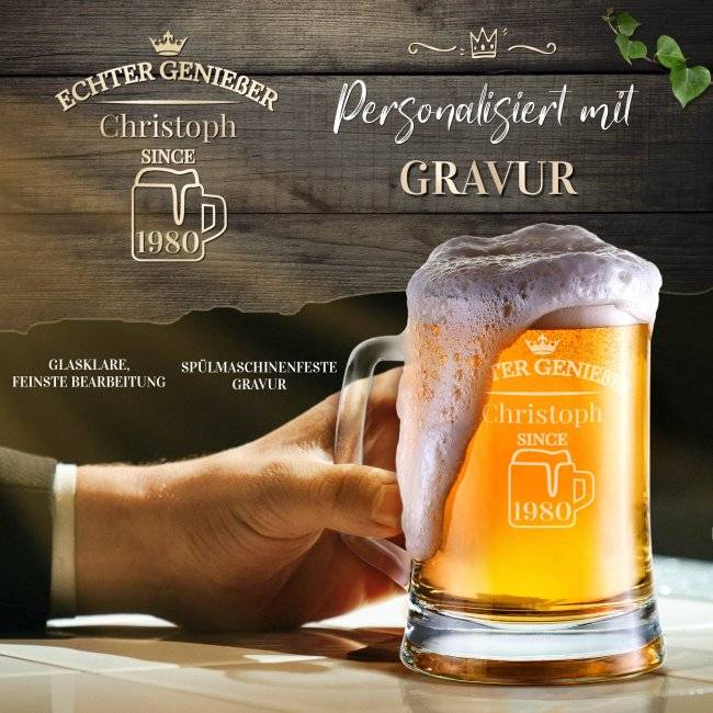 Tassendruck Glas-Bierkrug - Echter Genießer-Jahr & Name - 450 ml - mit Henkel Tiefpreis
