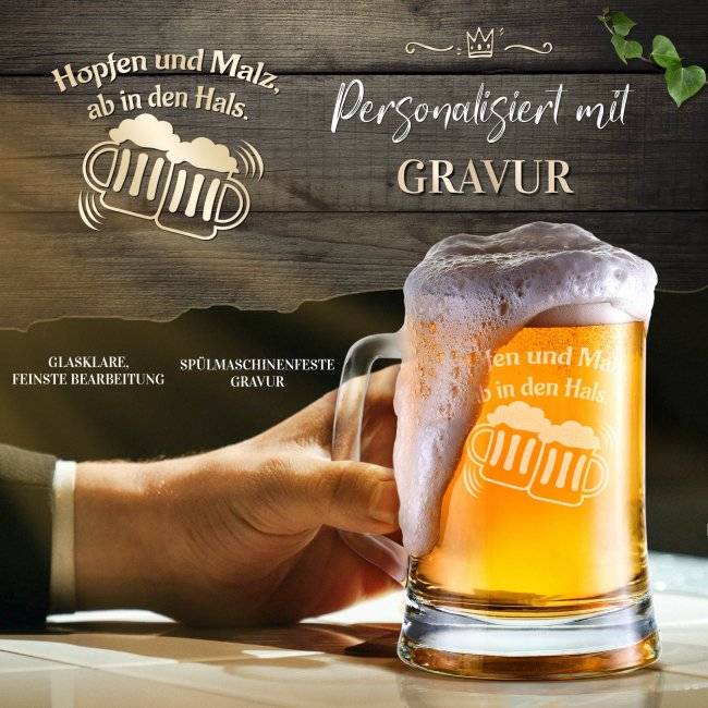 Tassendruck Glas-Bierkrug - Hopfen und Malz - 450 ml - mit Henkel Super Sparpreis