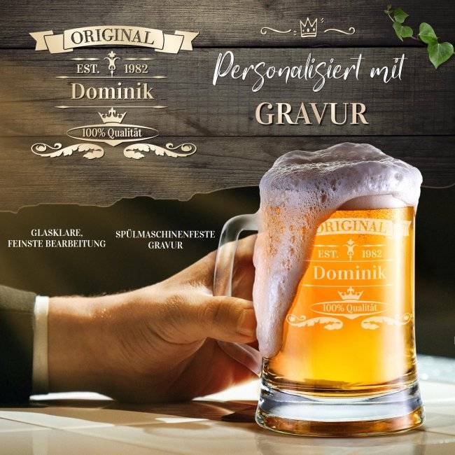 Tassendruck Glas-Bierkrug - Original-Jahr & Name - 450 ml - mit Henkel Wochenangebot