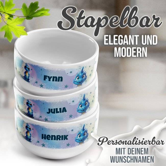 Tassendruck Kinder-Müslischüssel - Blauer Dino - mit Name - 500 ml Nur noch ein Tag übrig