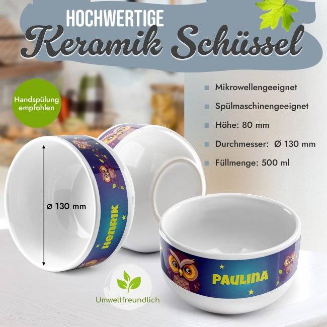 Tassendruck Kinder-Müslischüssel - Eule - mit Name - 500 ml 50% Rabatt mit kostenlosem Versand