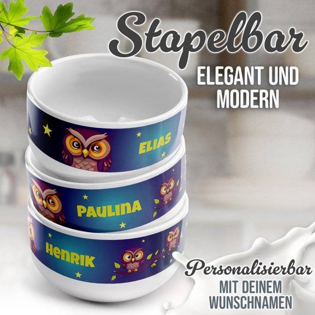 Tassendruck Kinder-Müslischüssel - Eule - mit Name - 500 ml 50% Rabatt mit kostenlosem Versand