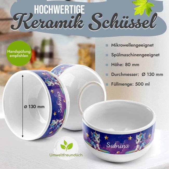 Tassendruck Kinder-Müslischüssel - Einhörner - Wolken - mit Name - 500 ml Begrenzt auf 3 Tage