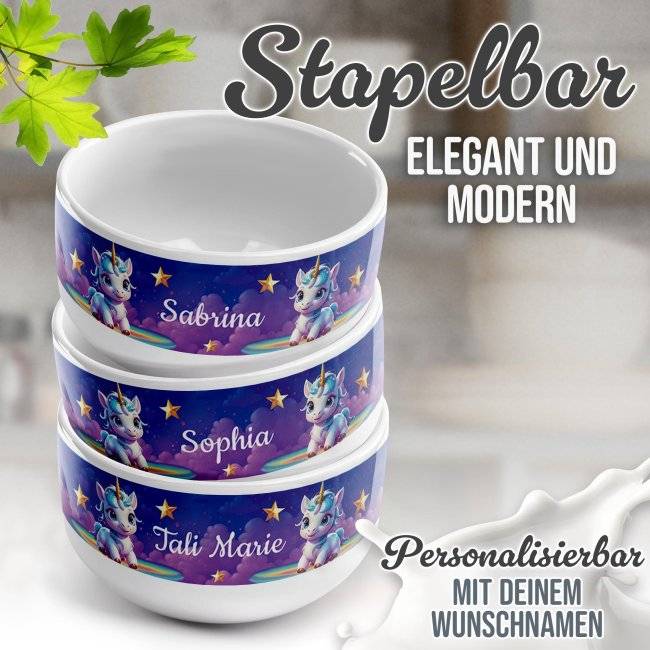 Tassendruck Kinder-Müslischüssel - Einhörner - Wolken - mit Name - 500 ml Begrenzt auf 3 Tage