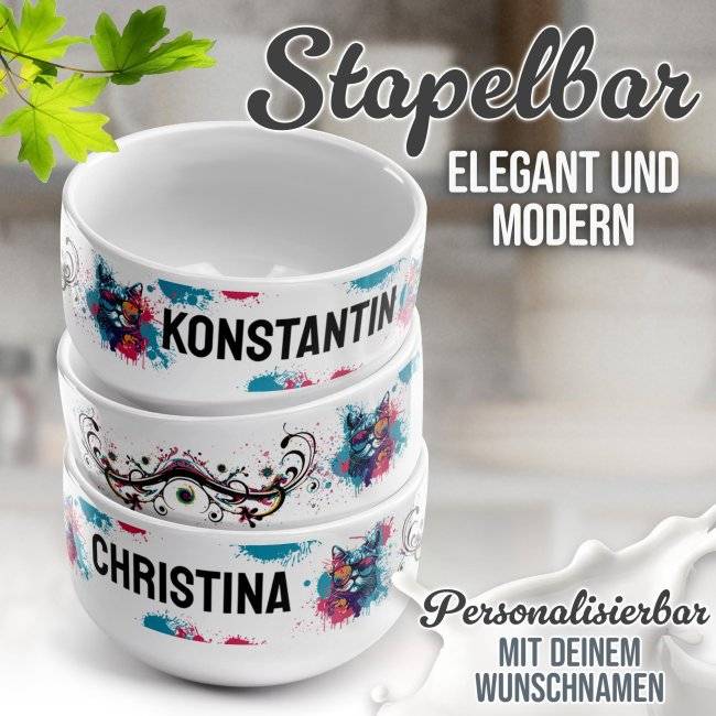 Tassendruck Kinder-Müslischüssel - Katze bunt - mit Name - 500 ml zollfrei