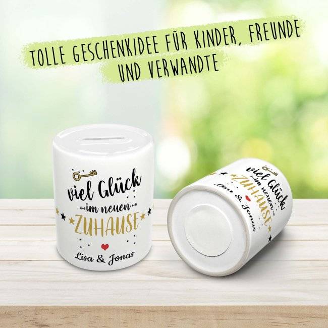 Tassendruck Spardose zum Einzug - Neues Zuhause - mit Namen Saisonschlussverkauf