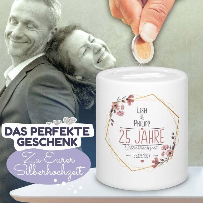 Tassendruck Spardose zu Silberhochzeit - mit Namen und Datum Neueste Mode