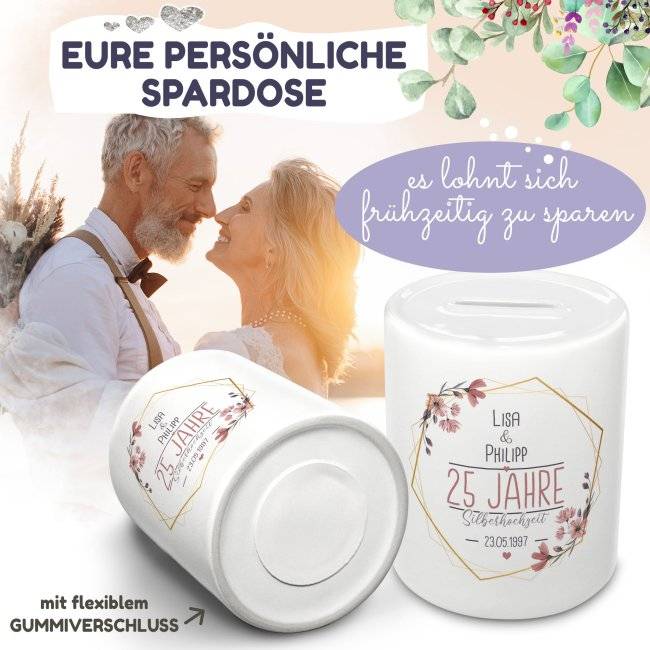 Tassendruck Spardose zu Silberhochzeit - mit Namen und Datum Neueste Mode