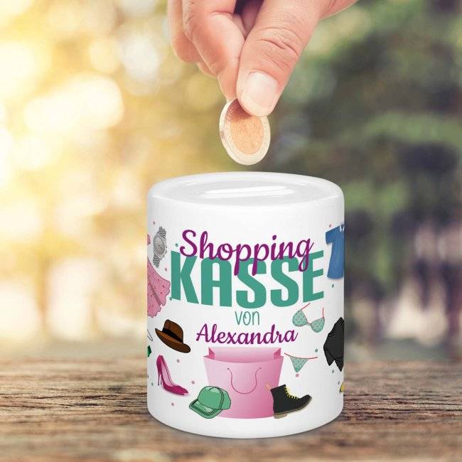 Tassendruck Spardose - Shoppingkasse für - mit Name Zeitlich begrenztes Angebot