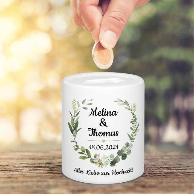 Tassendruck Spardose zur Hochzeit - Blumenkranz - mit Namen und Hochzeitsdatum Blitzangebot