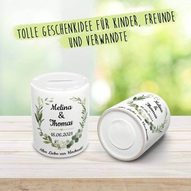 Tassendruck Spardose zur Hochzeit - Blumenkranz - mit Namen und Hochzeitsdatum Blitzangebot
