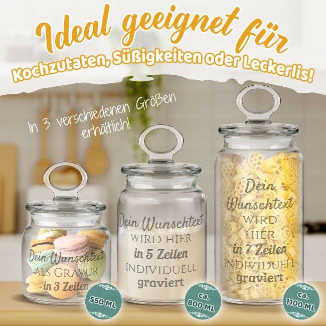 Tassendruck Personalisierte Vorratsdose aus Glas mit Gravur - mit Text selbst gestalten - Verschiedene Größen Große Rabatte