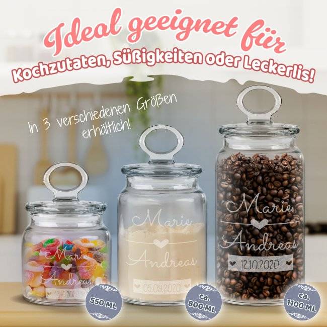 Tassendruck Vorratsdose aus Glas mit Gravur - mit Namen und Datum personalisieren - Verschiedene Größen Neuheiten