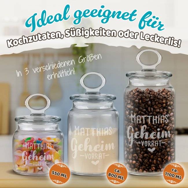 Tassendruck Vorratsdose aus Glas mit Gravur - Geheim Vorrat - mit Name - Verschiedene Größen Räumungsverkauf