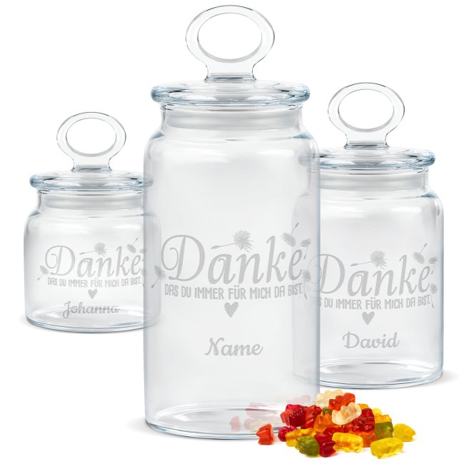 Tassendruck Personalisierte Vorratsdose aus Glas - Danke - mit Name gravieren - Verschiedene Größen