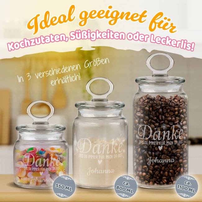 Tassendruck Personalisierte Vorratsdose aus Glas - Danke - mit Name gravieren - Verschiedene Größen Tägliche Deals