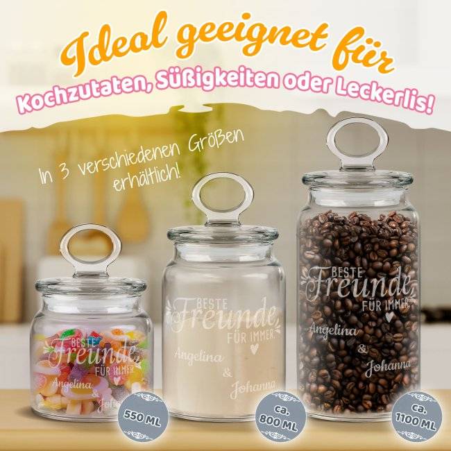 Tassendruck Personalisierte Vorratsdose aus Glas für beste Freunde - mit Namen gravieren - Verschiedene Größen Sonderangebote