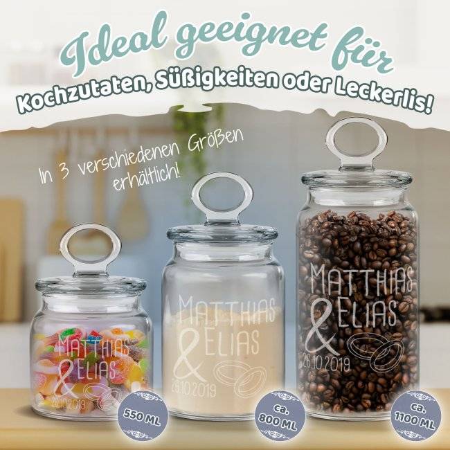 Tassendruck Vorratsdose aus Glas - Ringe - mit Namen und Datum gravieren - Verschiedene Größen VIP-Rabatte