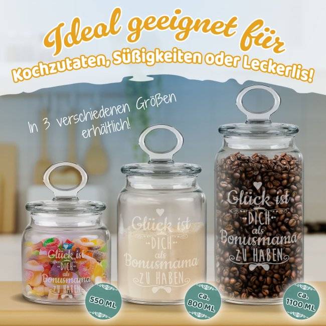 Tassendruck Vorratsdose aus Glas für Bonusmama - mit graviertem Spruch - Verschiedene Größen Tiefpreis