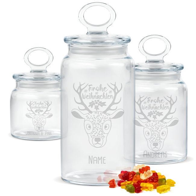 Tassendruck Vorratsdose aus Glas mit Gravur - Frohe Weihnachten - mit Name - Verschiedene Größen