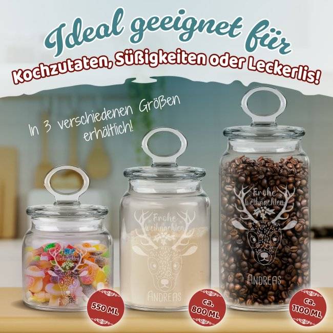 Tassendruck Vorratsdose aus Glas mit Gravur - Frohe Weihnachten - mit Name - Verschiedene Größen Kostenlose Rückgabe