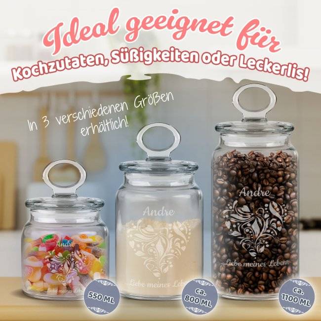 Tassendruck Vorratsdose aus Glas mit Gravur - Liebe meines Lebens - mit Name - Verschiedene Größen Begrenzte Freigabe