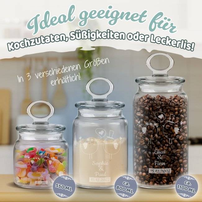 Tassendruck Vorratsdose aus Glas mit Gravur - mit Namen und Datum personalisieren - Verschiedene Größen JETZT KAUFEN
